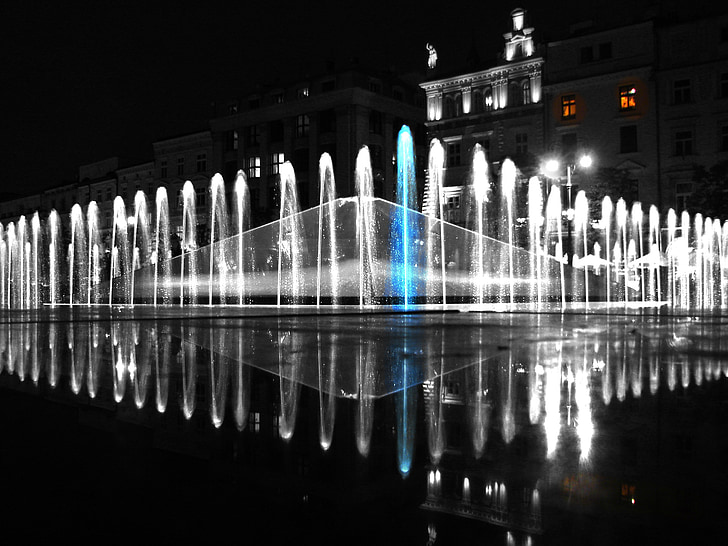 fountain, water, city, night, poznan, tourists, stream of water