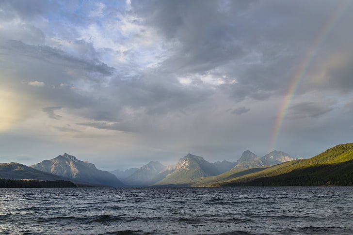 landschap, regenboog, Lake mcdonald, Bergen, Glacier Nationaalpark, Montana, Verenigde Staten
