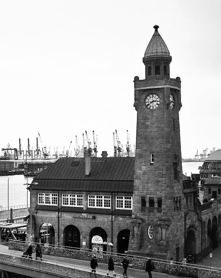 pegelturm, Landungsbrücken, Porto de Hamburgo, preto e branco, Porto, Liga Hanseática, hamburgisch