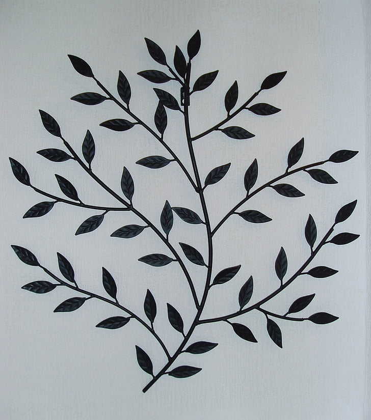 metal, wall, art, leaves, branch, black