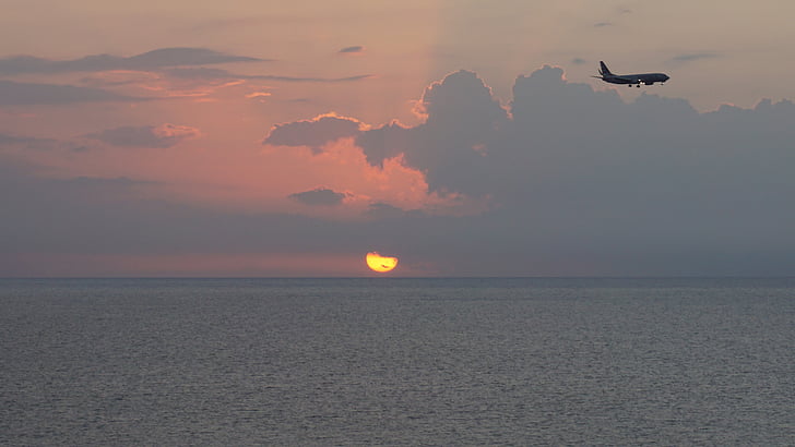 caribbean, sea, sunset, airplane, travel