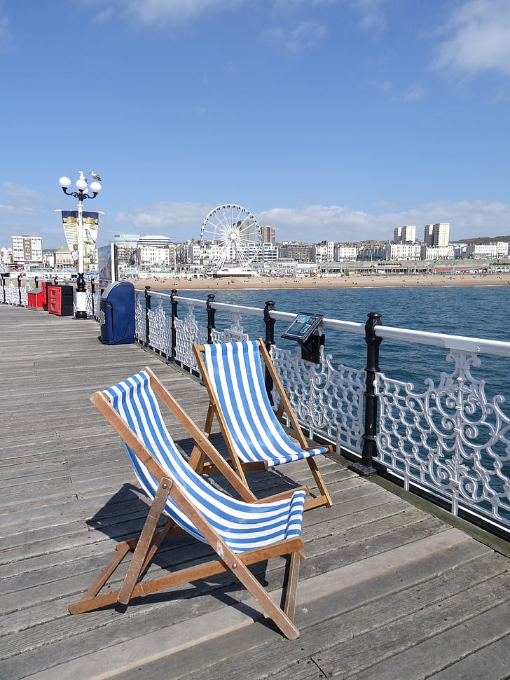 deckchairs, deckchair, brighton, brighton pier, seaside, sea, coast