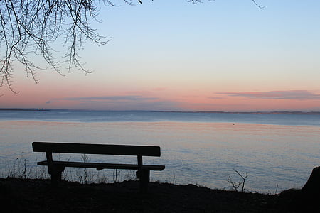 silhouette, bench, sunset, sea, ocean, water, waves