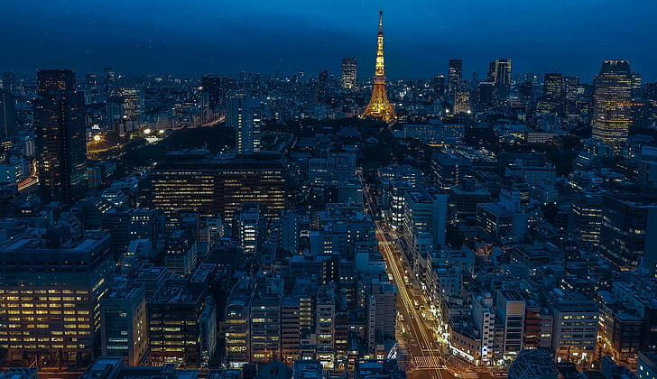 Tokyo, Japāna, Tokyo tower, naktī, Pilsēta naktī, tornis, debesskrāpju
