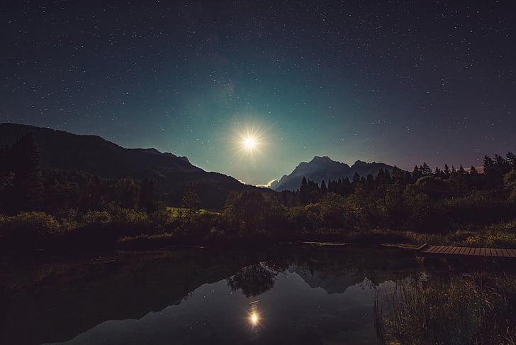 Moonshine, søen, refleksion, nat, landskab, idylliske, lyse