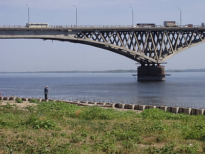 pont, rivière, eau, Russie, pêche, Pont - l’homme mis à structure