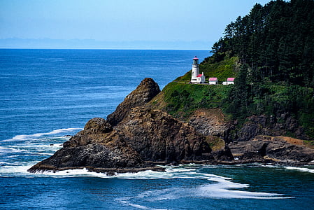 cliff, coast, island, lighthouse, ocean, outdoors, rocks