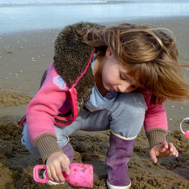 bērnu, meitene, jūra, pludmale, rozā, spēlēt