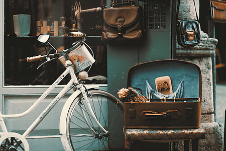 antiques, bicycle, bike, chair, daylight, history, leather bag