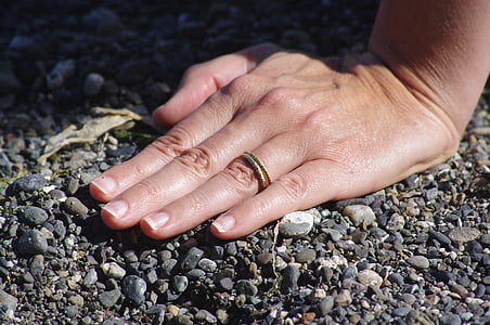 Prsten, zapojení, písek, pláž, ruka, rukama, lidské