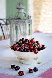вишни в миске, фрукты, вишни, здоровые, питание, чаша, красный