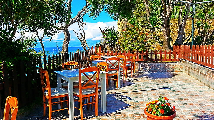 restoranas, jūra, stalai