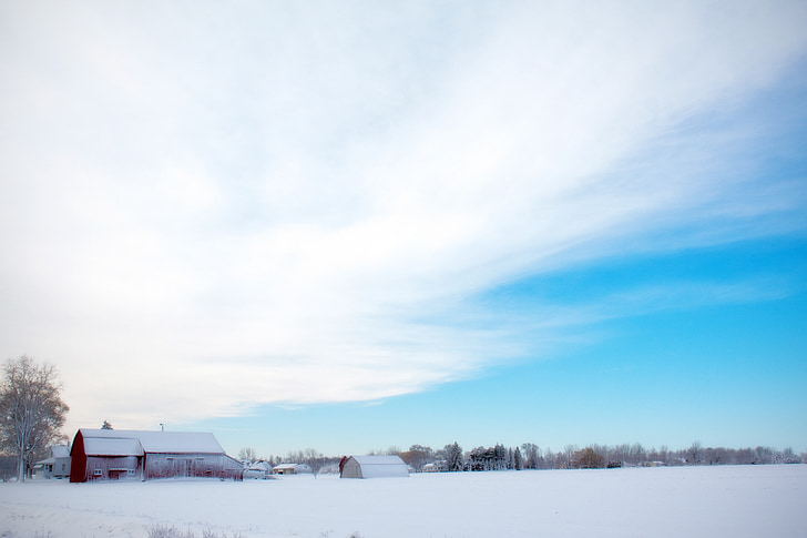 graner d'hivern, neu, rural, granja, vermell, país, paisatge