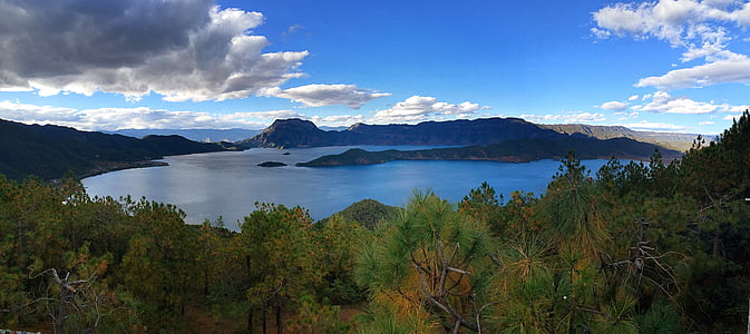 Lago Lugu completo, Panorama, à tarde, China, paisagem, modo de exibição