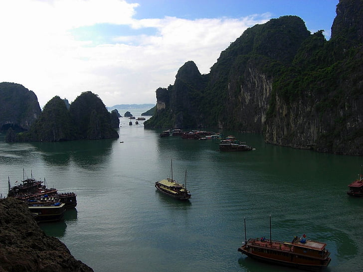 vietnam, halong bay, water, mountains, ships, boats, forest