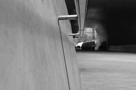 handrail, tunnel, wall, black and white