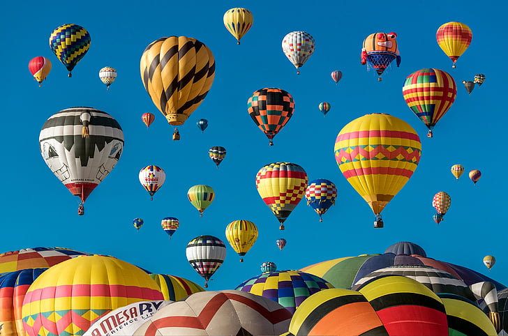 Hot, Air, ballong, festivalen, varmluftsballong, skyer, fly
