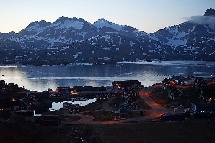 το βράδυ, χωριό, Γροιλανδία, φωτισμός, στη θάλασσα, σούρουπο, abendstimmung