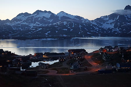 avond, dorp, Groenland, verlichting, zee, schemering, abendstimmung