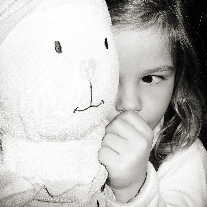 young, girl, tired, bunny, toy, black and white, kid