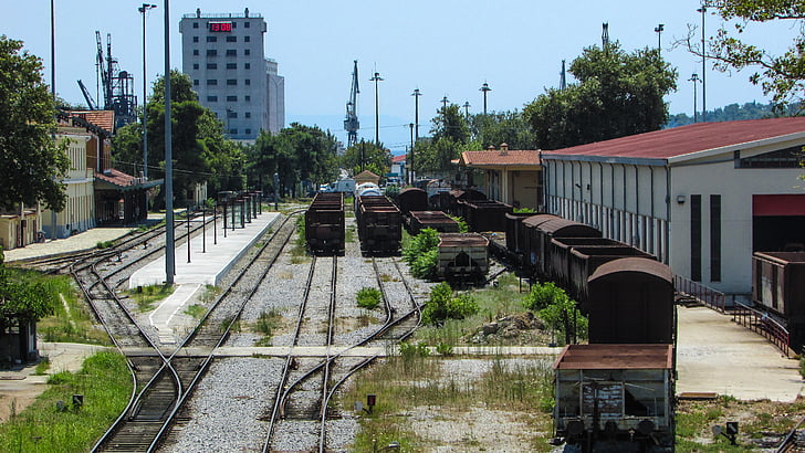 rails, railway station, urban, wagon, city, volos, greece