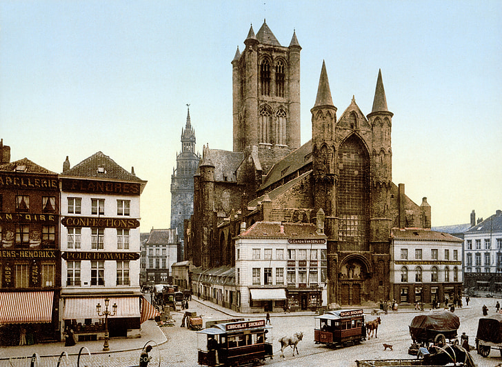 templom, Szent Miklós, Gent, Belgium, villamos, photochrom, 1900-ban