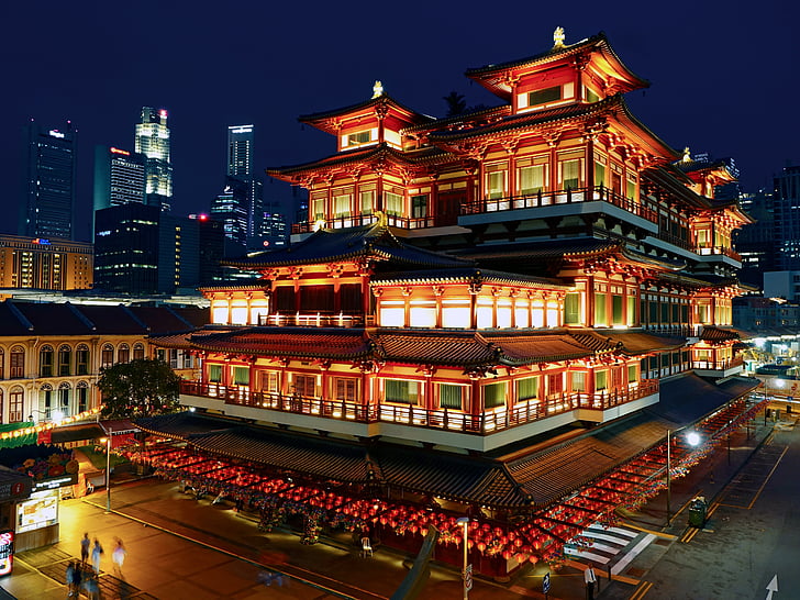 Buda zob relikvija tempelj, Singapur, Chinatown, budizem, noč, razsvetljava, turistična atrakcija