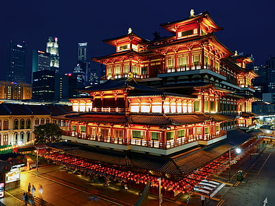 Tempiale della reliquia del dente del Buddha, Singapore, Chinatown, Buddismo, notte, illuminazione, attrazione turistica