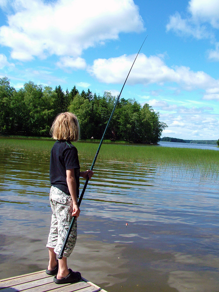 child, fish, hook and line, pier, water, reed, tree