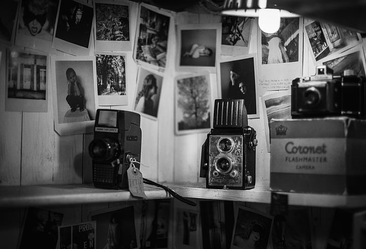 black, white, photos, wall, camera, black and white, old