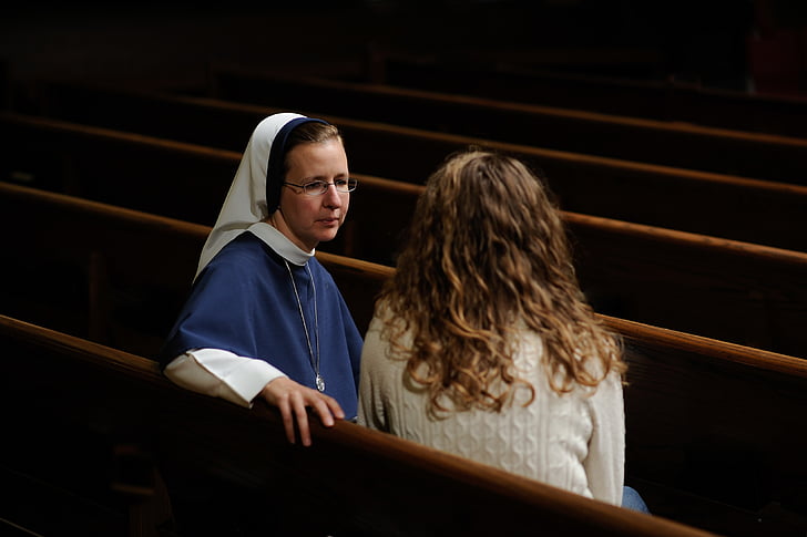 woman, talking, nun, sitting, pwe, hand, pew