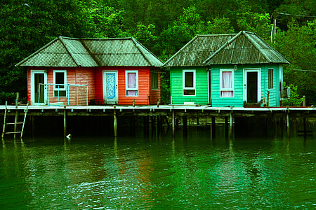 sheds, houses, stilts, river, lake, water, holiday