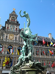 antwerp, statue, brabo, hand, monument, architecture, belgium