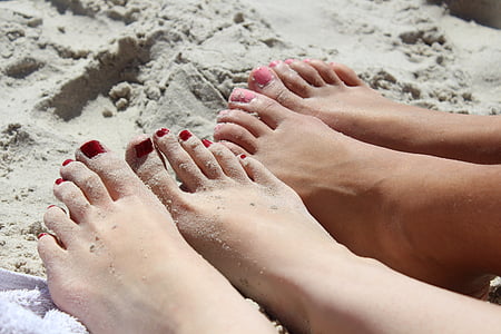 láb, lány, körömlakkot, tíz, rózsaszín, piros, homok
