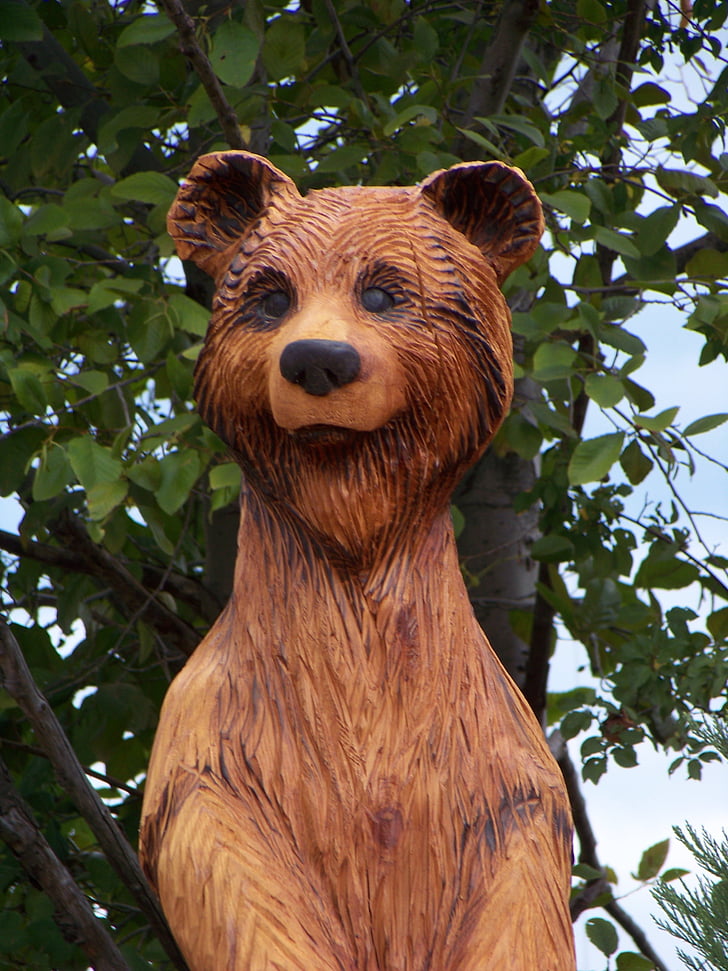 bear, wooden, statue, carving, teddy, wood, decoration