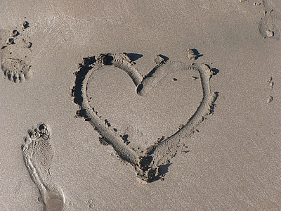 areia, coração, pegada, praia