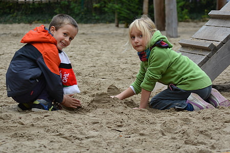 vaikai, žaisti, berniukas, mergaitė, žmonės, smėlio dėžės, smėlio