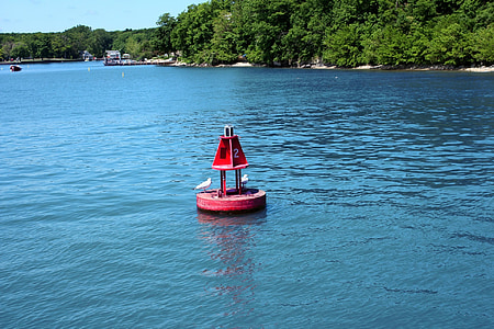 buoy, island, float, water, blue, ripple, calm water