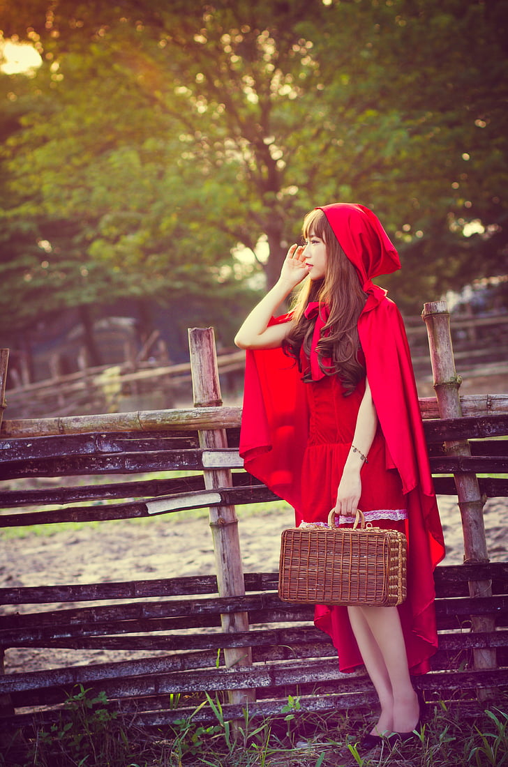 girl, red riding hood, hood, riding, young, dress, forest