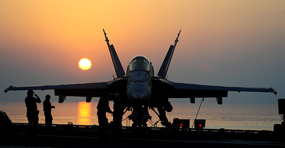 coucher de soleil, silhouettes, militaire, avion, équipage, Jet, entretien