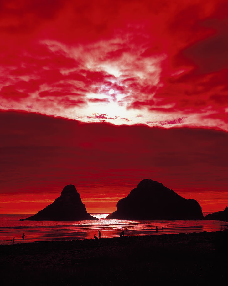 Sunset, kivine, rannajoon, kalda, rannikul, Vaikse ookeani, taevas