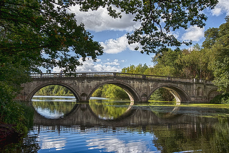 architecture, bridge, outdoors, park, peaceful, reflection, river