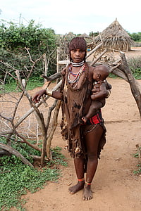 Žena, matka, dítě, Afrika, Hamar, Etiopie, černá kůže