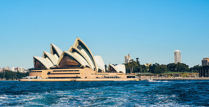 Sydney, opery, dům, Architektura, Příroda, voda, stromy