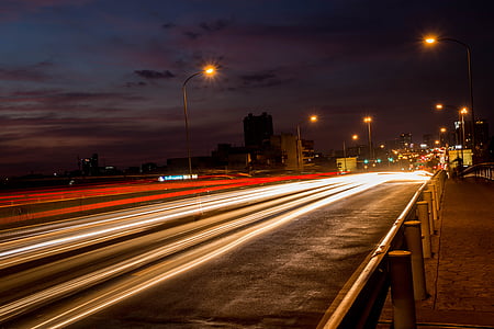 city, town, road, night, light trail, long exposure, motion
