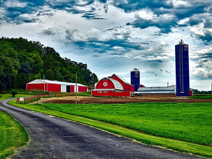 Wisconsin, farma, silo, stodola, budovy, cesta, krajina