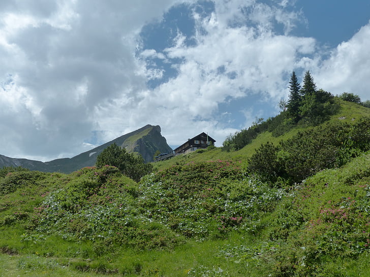 Landsberger καλύβα, καλύβα στο βουνό, καλύβα, βουνά, αλπική, κουτί ζυγό, κόκκινη δαντέλα