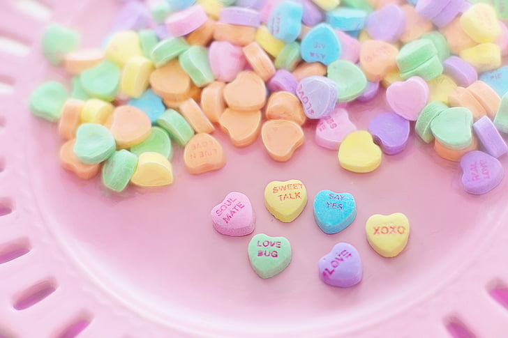 valentine candy, hearts, conversation, sweet, holiday, multi colored, sweet food