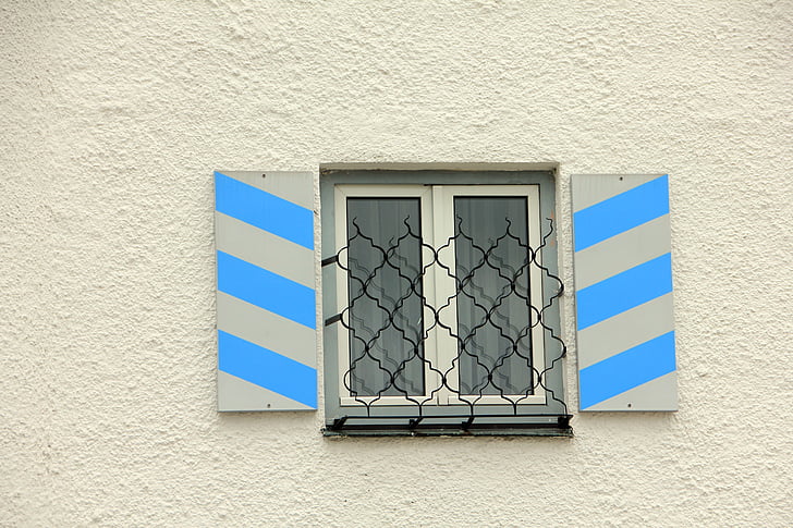 finestra, ratlles, quadrícula, blanc blau, arquitectura, façana, paret - edifici tret