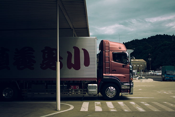 delivery truck, lorry, pedestrian crossing, road, truck, vehicle